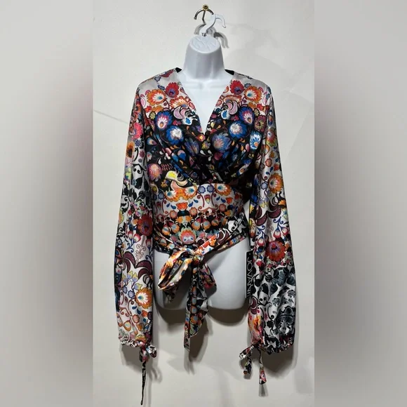 Jovani Beautiful Wrap Around Blouse With Bishop Sleeve Size 6 New With Tags - Picture 4 of 15